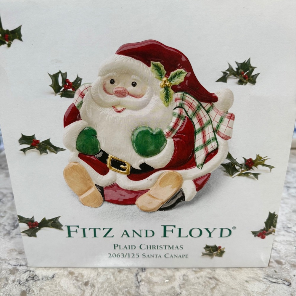 Fitz and Floyd Plaid Christmas Santa Claus Canape Plate Handcrafted China‎ - Picture 3 of 7